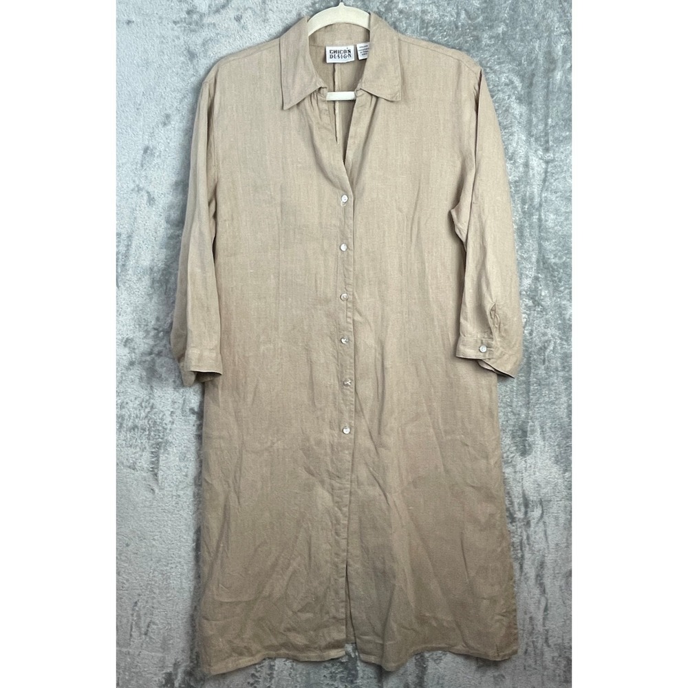 Chicos Tunic Shirt Dress US Large Beige 100% Linen Button Up Lagenlook Minimal